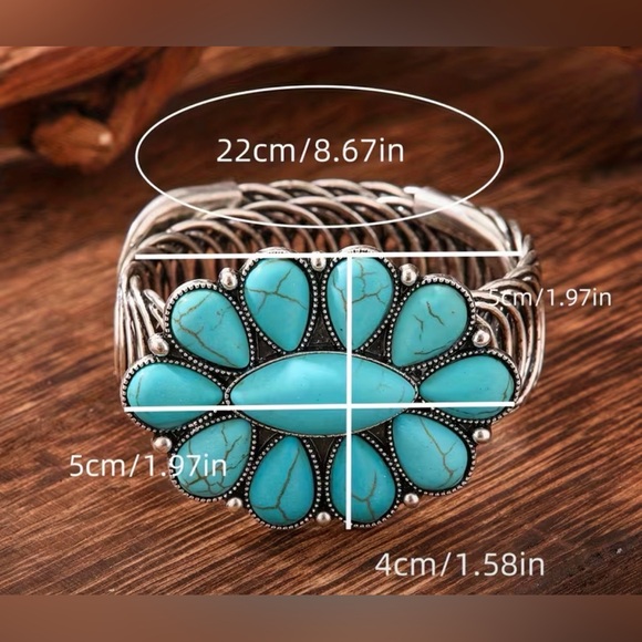 Western Turquoise & White Stone Silver-Tone Flower Cuff Bracelet Cowgirl Style - Picture 4 of 4